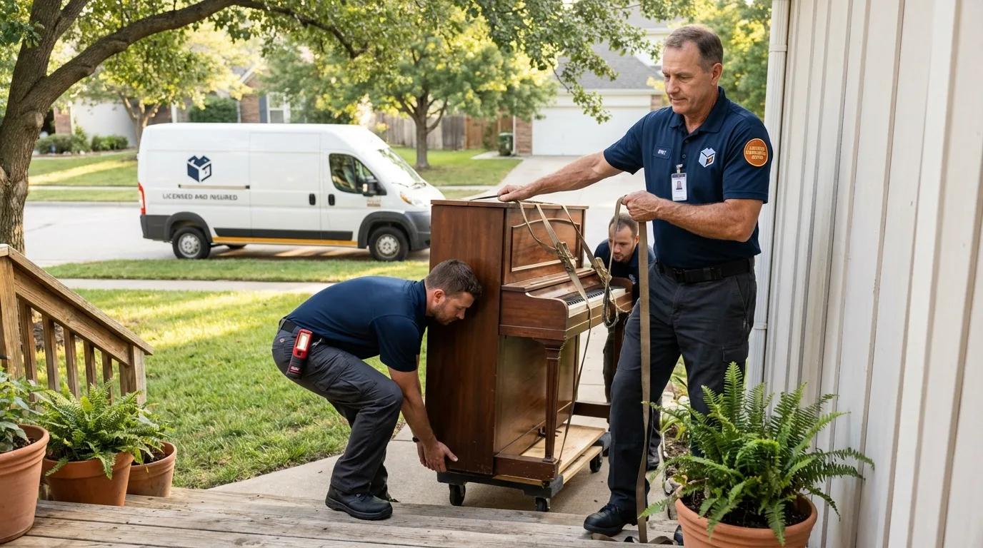 Licensed piano movers securing grand piano in Franklin, MA