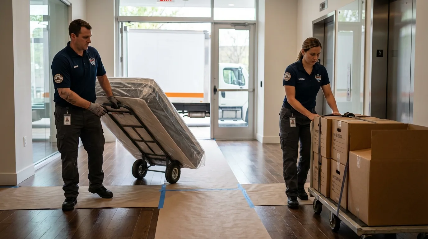 Professional apartment movers loading elevator in Franklin, MA