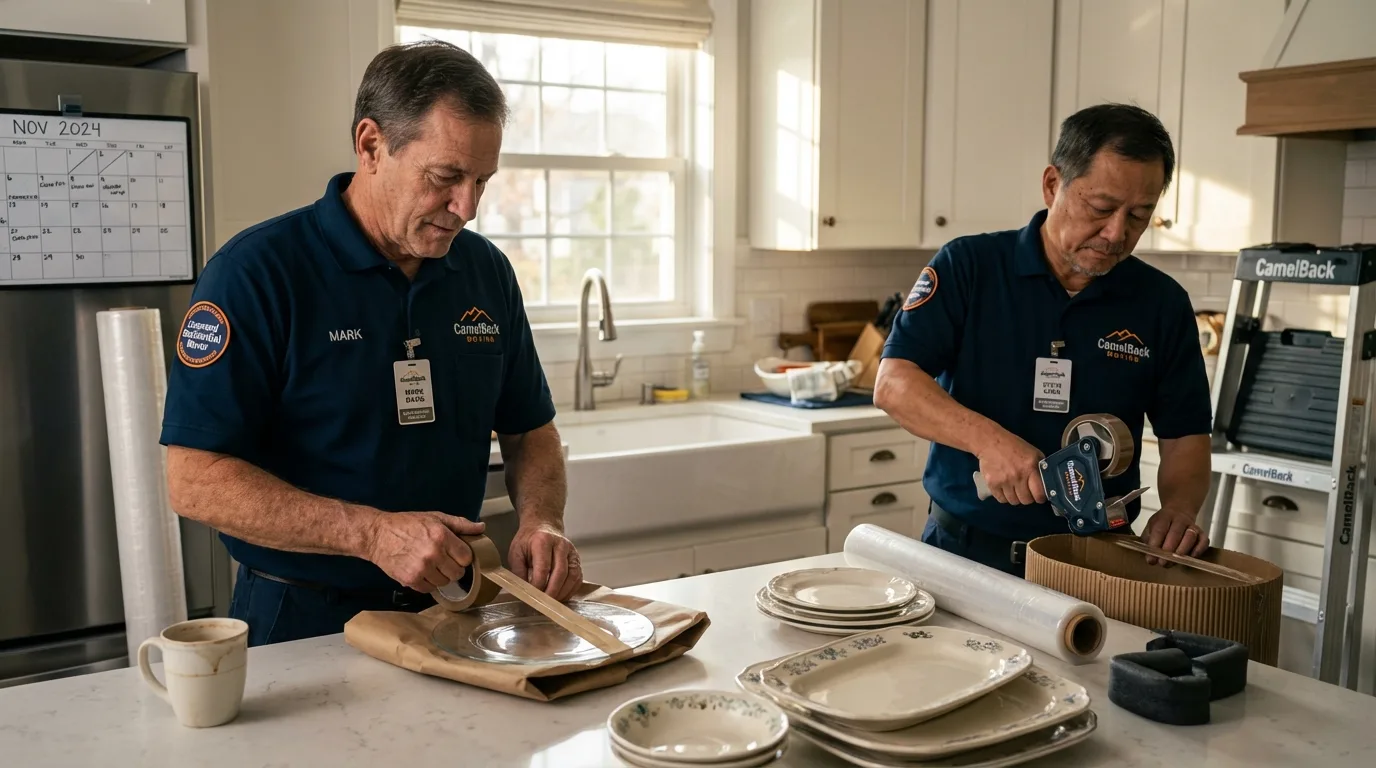 Professional crew packing kitchen dishware in Franklin, MA
